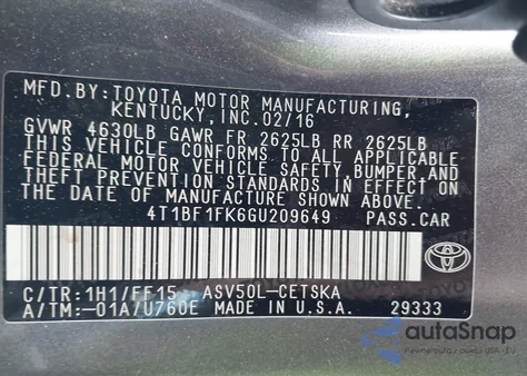 2016 Toyota Camry Se from USA, damaged, VIN 4T1BF1FK6GU209649